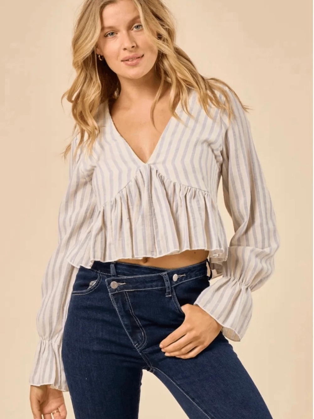 Altar'd State Cream & Light Blue Striped V-Neck Ruffle Hem Blouse